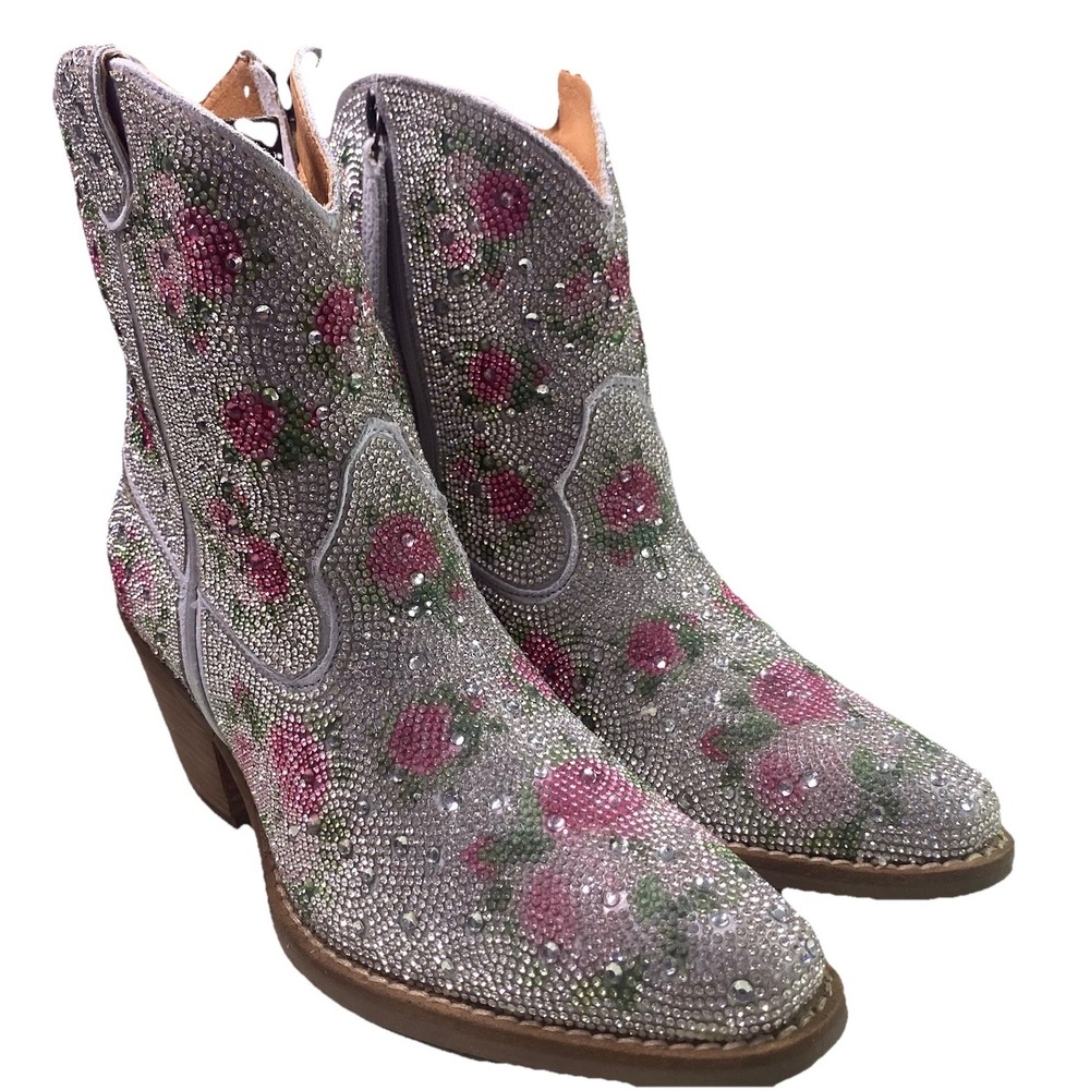 Dingo Women's Rhinestone Western Cowgirl‎ Boots Silver Pink Floral Size 6M NWB
